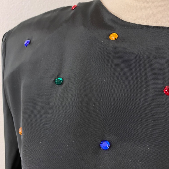 Vintage 90s Black Slinky Rhinestone Blouse Med/Large Long Sleeves Evening Party - Picture 2 of 9